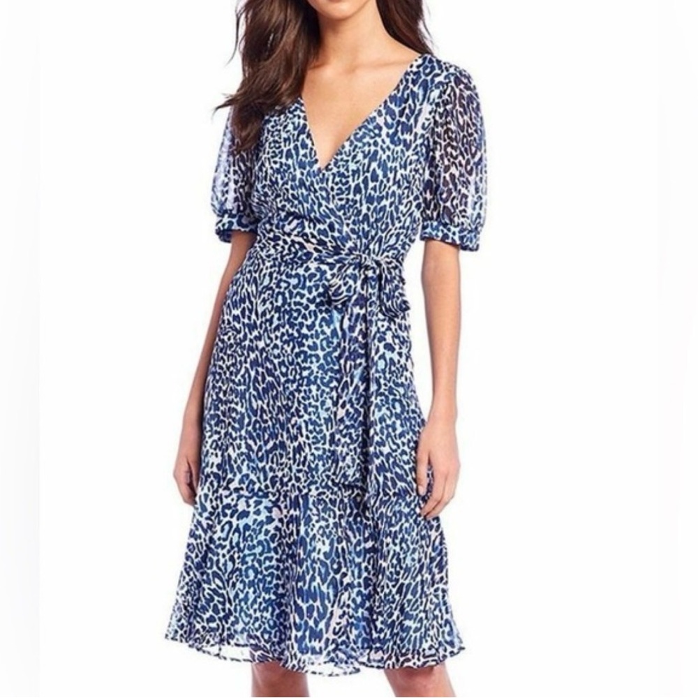 Eliza J - Blue Leopard Print Faux Wrap Dress - 12